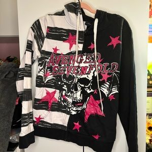 Avenged sevenfold zip up hoodie pink black and white striped size medium